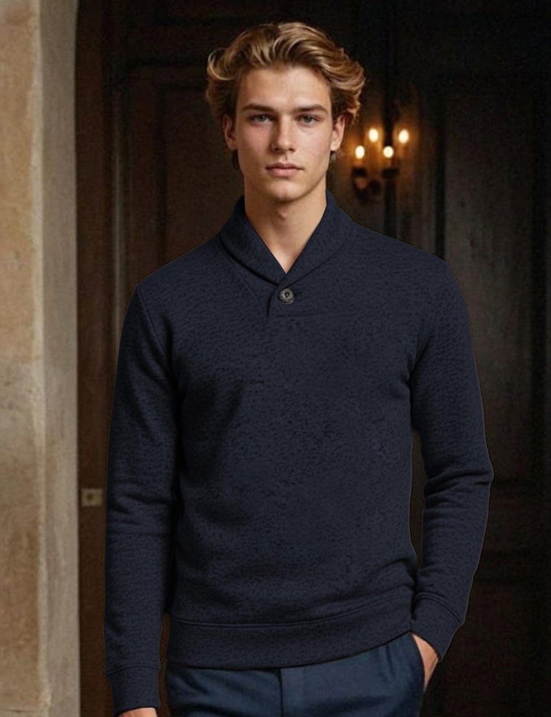 H2H Men's Casual Pullover Polo Sweater Shawl Collar Slim Fit Freece Sweatershirt Navy US L/Asia XL (KMOSWL036) - Image 3